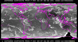 静止気象衛星からの赤外画像を合成した全球マップ