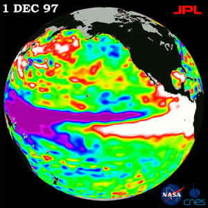 人工衛星海面高度計で観測されたエルニーニョ時の太平洋の海面高度偏差分布