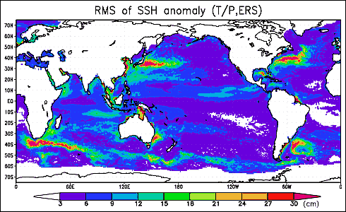 各地点での海面高度変動の標準偏差
