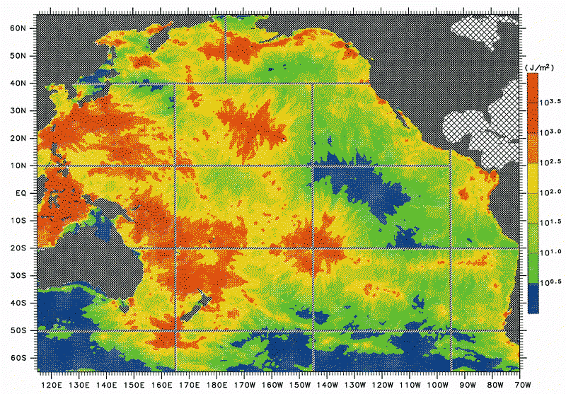 図５：数値実験で得られた、M2内部潮汐波の運動エネルギーを深さ方向に積分したものの太平洋における空間分布