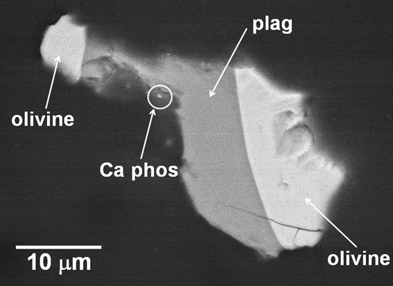 図３：はやぶさ小惑星探査機によってサンプルリターンされた小惑星イトカワの塵の走査型電子顕微鏡写真。olivine：カンラン石。plag：斜長石。Ca phos：Caリン酸塩。